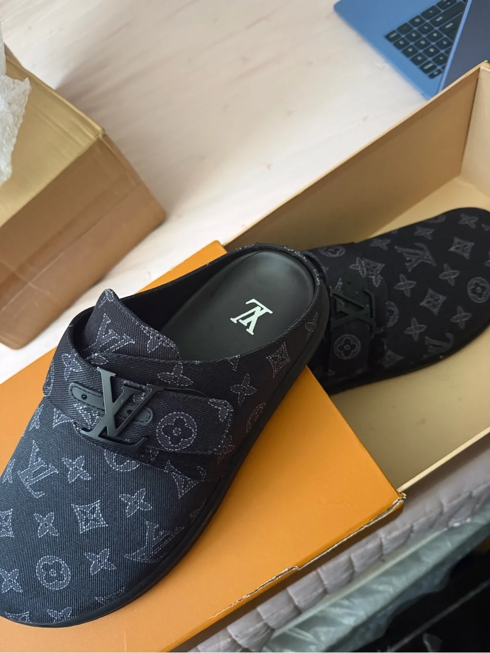 Louis Vuitton Black Monogram Slip-On Mule with Buckle